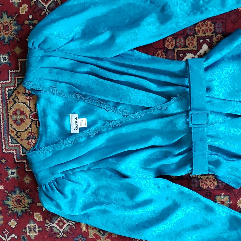 ❤ VINTAGE | Stunning Peacock Blue Floral Brocade Belted Patra Dress USA